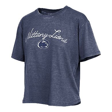 Women's Pressbox Navy Penn State Nittany Lions Vintage Waist Length Script Over Logo T-Shirt