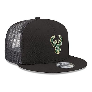 Men's New Era Black Milwaukee Bucks Core Logo Meshback 9FIFTY Snapback Hat