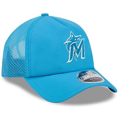 Men's New Era Blue Miami Marlins 2026 Batting Practice Apex 9FORTY Adjustable Trucker Hat