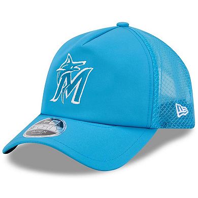 Men's New Era Blue Miami Marlins 2026 Batting Practice Apex 9FORTY Adjustable Trucker Hat