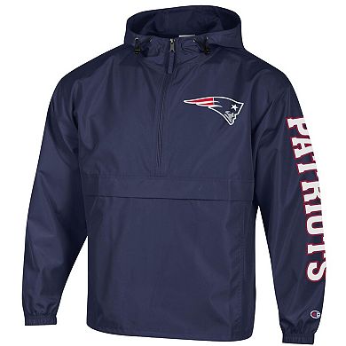 Men's Champion Navy New England Patriots Packable Hooded Windbreaker Half-Zip Jacket