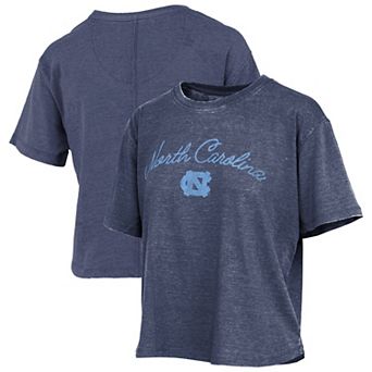 Women's Pressbox Carolina Blue North Carolina Tar Heels Vintage Waist Length Script Over Logo T-Shirt