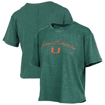 Women's Pressbox Green Miami Hurricanes Vintage Waist Length Script Over Logo T-Shirt