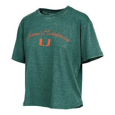 Women's Pressbox Green Miami Hurricanes Vintage Waist Length Script Over Logo T-Shirt