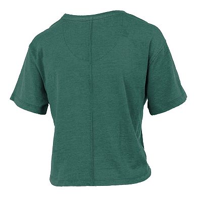 Women's Pressbox Green Miami Hurricanes Vintage Waist Length Script Over Logo T-Shirt
