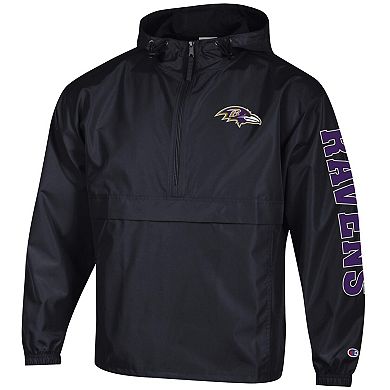 Men's Champion Black Baltimore Ravens Packable Hooded Windbreaker Half-Zip Jacket