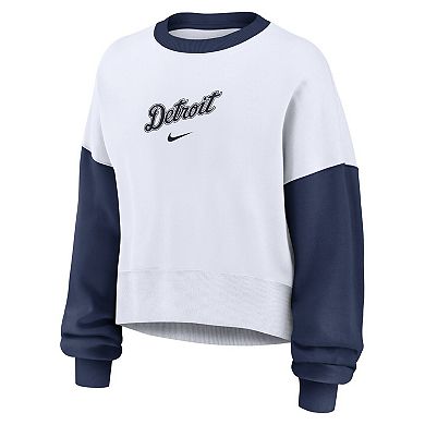 Women's Nike White/Navy Detroit Tigers Oversized High Hip Fleece Sweatshirt