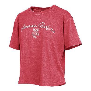 Women's Pressbox Red Wisconsin Badgers Vintage Waist Length Script Over Logo T-Shirt