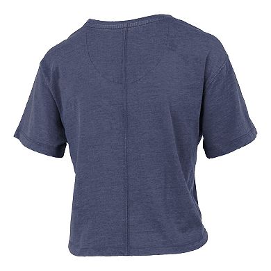 Women's Pressbox Navy Notre Dame Fighting Irish Vintage Waist Length Script Over Logo T-Shirt