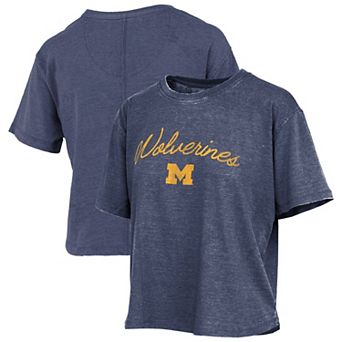Women's Pressbox Navy Michigan Wolverines Vintage Waist Length Script Over Logo T-Shirt
