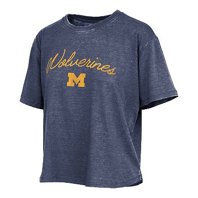 Women's Pressbox Navy Michigan Wolverines Vintage Waist Length Script Over Logo T-Shirt