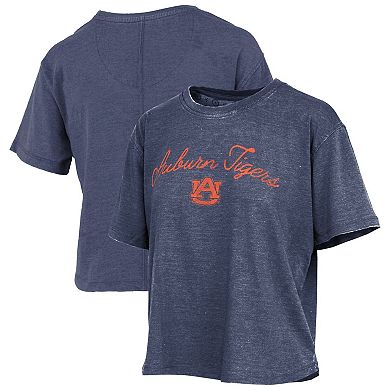 Women's Pressbox Navy Auburn Tigers Vintage Waist Length Script Over Logo T-Shirt