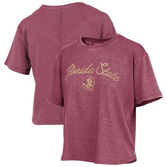 Women's Pressbox Garnet Florida State Seminoles Vintage Waist Length Script Over Logo T-Shirt