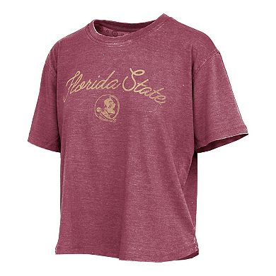 Women's Pressbox Garnet Florida State Seminoles Vintage Waist Length Script Over Logo T-Shirt