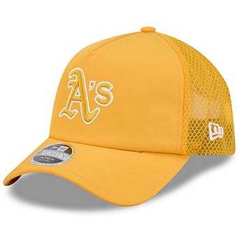 Men's New Era Gold Athletics 2026 Batting Practice Apex 9FORTY Adjustable Trucker Hat