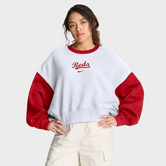 Women's Nike White/Red Cincinnati Reds Oversized High Hip Fleece Sweatshirt