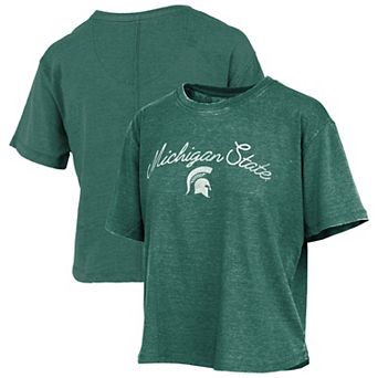 Women's Pressbox Green Michigan State Spartans Vintage Waist Length Script Over Logo T-Shirt