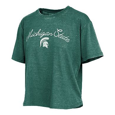 Women's Pressbox Green Michigan State Spartans Vintage Waist Length Script Over Logo T-Shirt