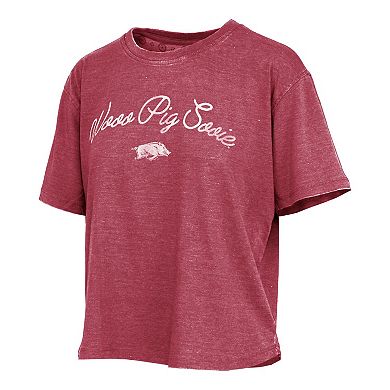 Women's Pressbox Cardinal Arkansas Razorbacks Vintage Waist Length Script Over Logo T-Shirt