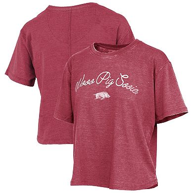 Women's Pressbox Cardinal Arkansas Razorbacks Vintage Waist Length Script Over Logo T-Shirt