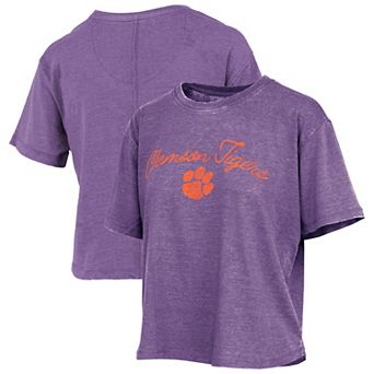 Women's Pressbox Purple Clemson Tigers Vintage Waist Length Script Over Logo T-Shirt
