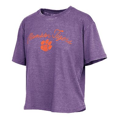 Women's Pressbox Purple Clemson Tigers Vintage Waist Length Script Over Logo T-Shirt
