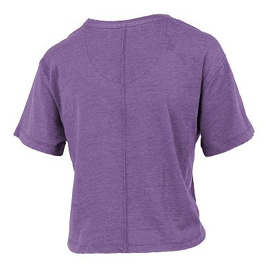 Women's Pressbox Purple Clemson Tigers Vintage Waist Length Script Over Logo T-Shirt