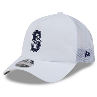 Men's New Era White Seattle Mariners 2026 Batting Practice Apex 9FORTY Adjustable Trucker Hat