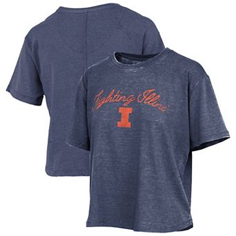 Women's Pressbox Navy Illinois Fighting Illini Vintage Waist Length Script Over Logo T-Shirt