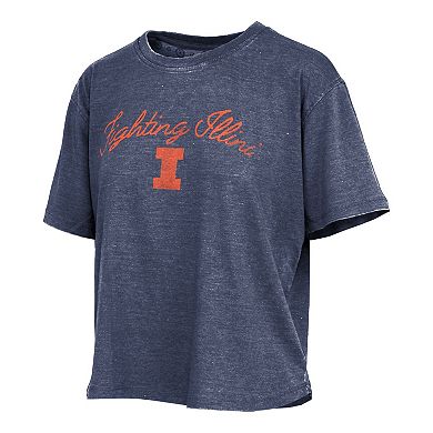 Women's Pressbox Navy Illinois Fighting Illini Vintage Waist Length Script Over Logo T-Shirt