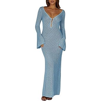 Womens Crochet Maxi Cover Up Dress Long Sleeve Bodycon Summer Knit Dresses Beach Vacation Coverups