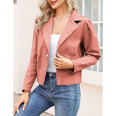 Womens Notched Lapel Cropped Jackets Long Sleeve Open Front Button Down Casual Jean Coatss