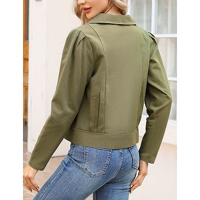 Womens Notched Lapel Cropped Jackets Long Sleeve Open Front Button Down Casual Jean Coatss