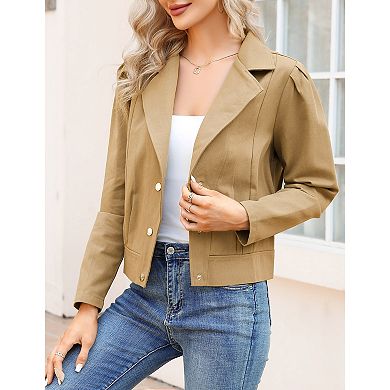 Womens Notched Lapel Cropped Jackets Long Sleeve Open Front Button Down Casual Jean Coatss