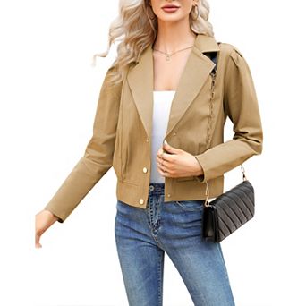 Womens Notched Lapel Cropped Jackets Long Sleeve Open Front Button Down Casual Jean Coatss