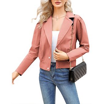 Womens Notched Lapel Cropped Jackets Long Sleeve Open Front Button Down Casual Jean Coatss