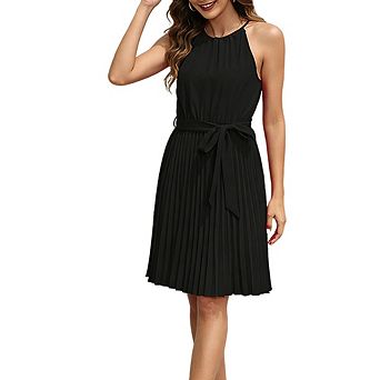 Women's Halter Neck Pleated Midi Dress Tie Waist Sleeveless Casual Dress