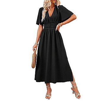 Women's Flutter Sleeve Midi Dress with Smocked Waist V Neck and Side Slit Elegat Dress
