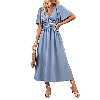 Women's Flutter Sleeve Midi Dress with Smocked Waist V Neck and Side Slit Elegat Dress