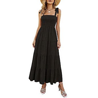 Women's Sleeveless Square Neck Smocked Bodice Tie Strap Tiered Ruffle Maxi Dress