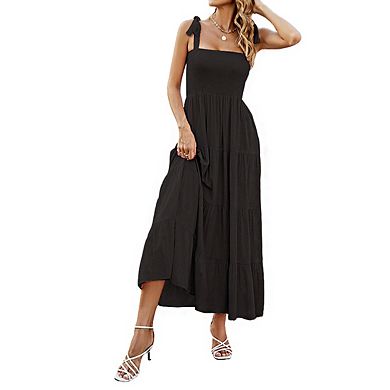 Women's Sleeveless Square Neck Smocked Bodice Tie Strap Tiered Ruffle Maxi Dress