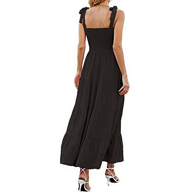 Women's Sleeveless Square Neck Smocked Bodice Tie Strap Tiered Ruffle Maxi Dress
