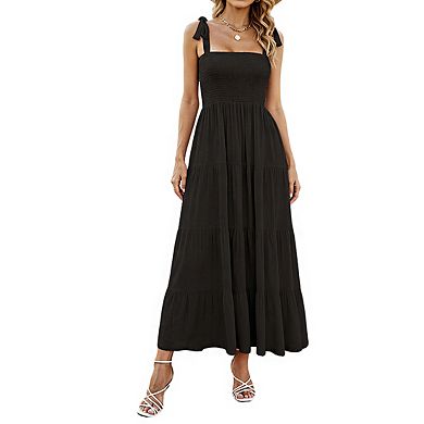 Women's Sleeveless Square Neck Smocked Bodice Tie Strap Tiered Ruffle Maxi Dress