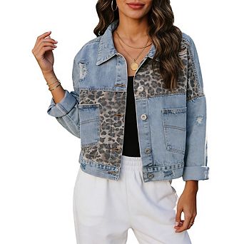 Women's Denim Jackets Casual Long Sleeve Button Down Patchwork Jean Top Coat Jackets