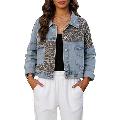 Women's Denim Jackets Casual Long Sleeve Button Down Patchwork Jean Top Coat Jackets