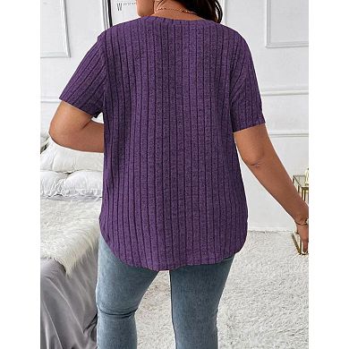 Women's Plus Size Casual Tops V Neck Solid Color Shirts Lightweight Short Sleeve Blouses