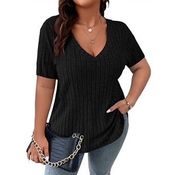 Women's Plus Size Casual Tops V Neck Solid Color Shirts Lightweight Short Sleeve Blouses