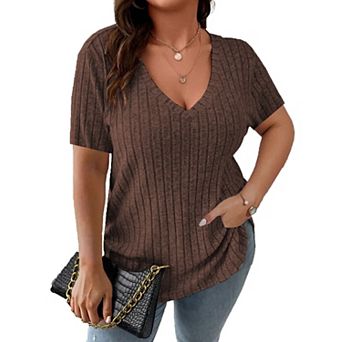Women's Plus Size Casual Tops V Neck Solid Color Shirts Lightweight Short Sleeve Blouses