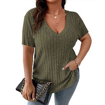 Women's Plus Size Casual Tops V Neck Solid Color Shirts Lightweight Short Sleeve Blouses