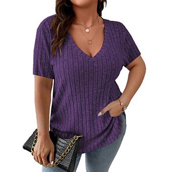 Women's Plus Size Casual Tops V Neck Solid Color Shirts Lightweight Short Sleeve Blouses